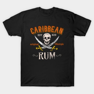 Caribbean Rum Pirates Distressed Sword Skull Lifestyle T-Shirt